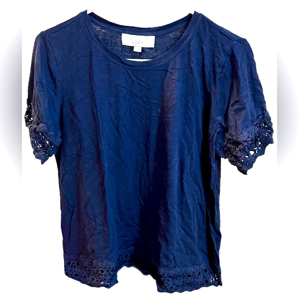 Loft Navy, Cotton Short Sleeve T-Shirt w/Crochet Hem and Sleeves - Medium